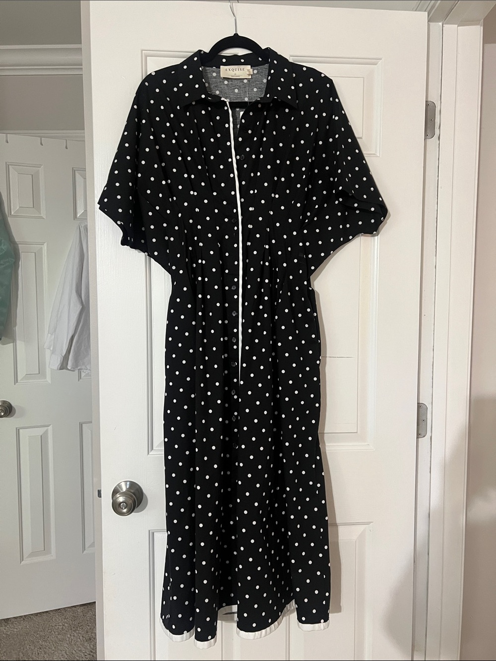 Exquise Tobie Black Midi Shirt Dress with White Polka Dots PL